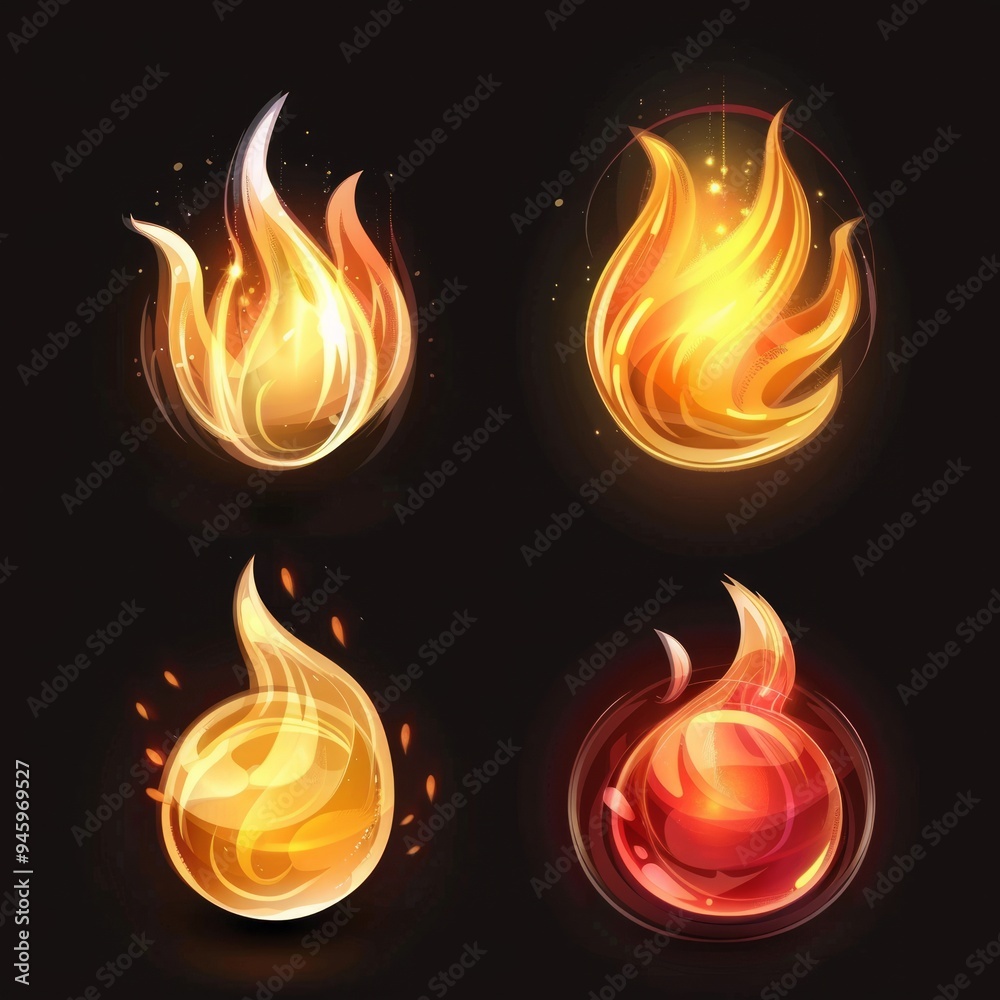Set of four icons of fire for game Set of four icons of fire for game
