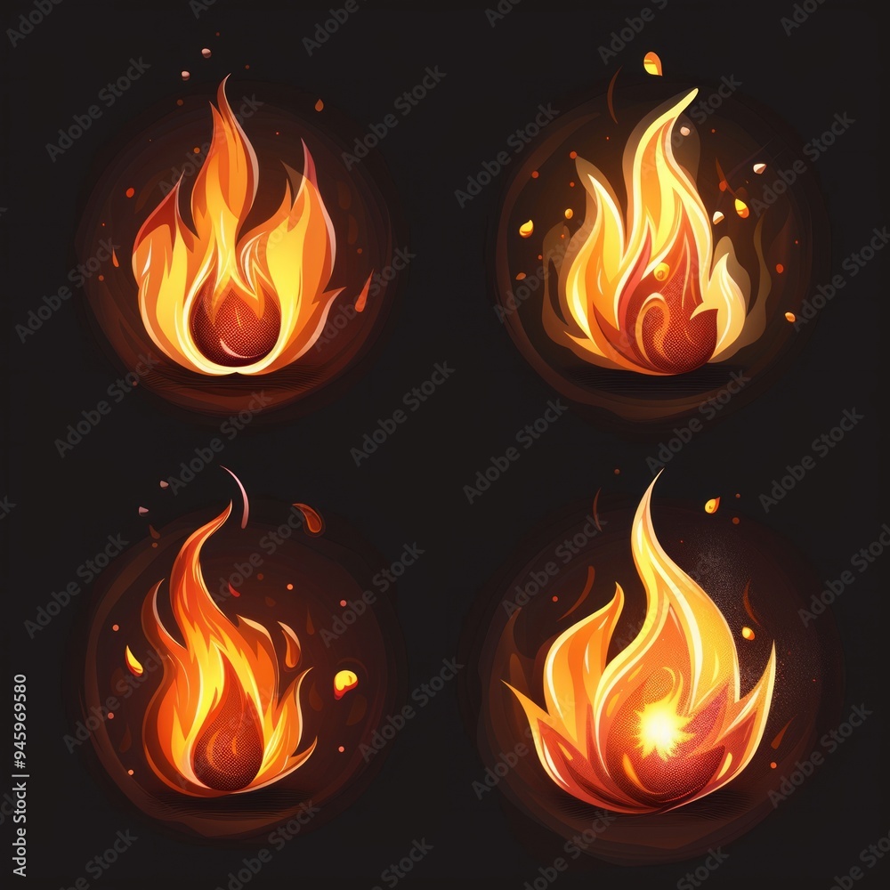 Set of four icons of fire for game Set of four icons of fire for game