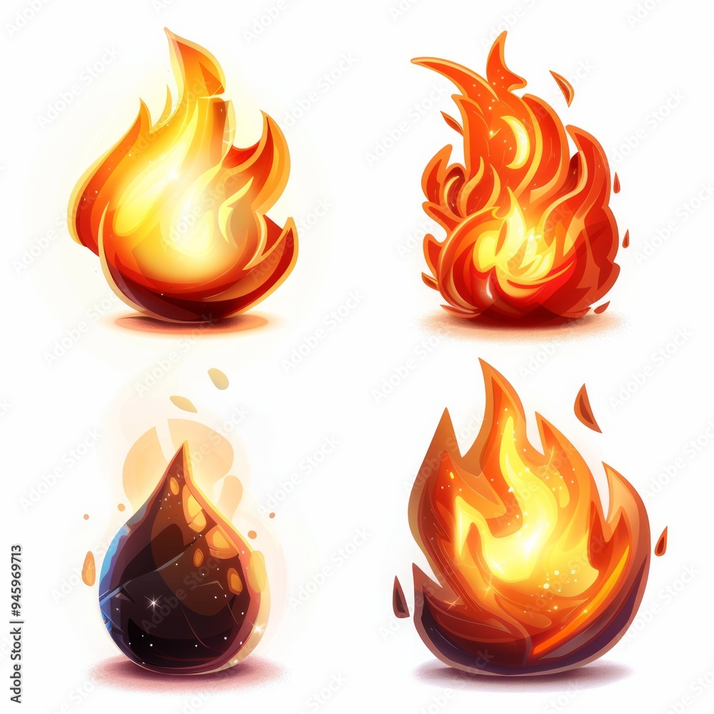 Set of four icons of fire for game Set of four icons of fire for game