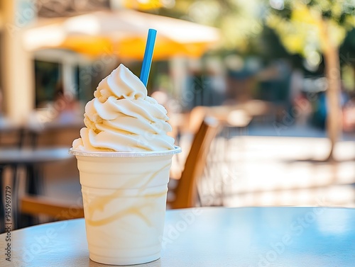 Refreshing Summer Treat: Dole-White Soft Serve with Pineapple and Coconut on a Sunny California Street, Blending Taste and Urban Ambiance.