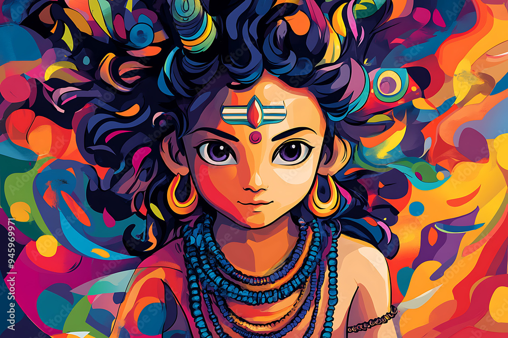 A vibrant cartoon illustration of Lord Shiva's child, beautifully capturing the essence of Hindu mythology A vibrant cartoon illustration of Lord Shiva's child, beautifully capturing the essence of Hindu mythology