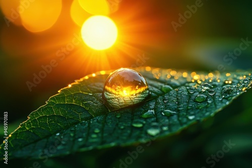 A close-up view of a dewdrop on a leaf reflecting a vibrant sunrise with intricate details and an artistic lens flare during the early morning hours. photo