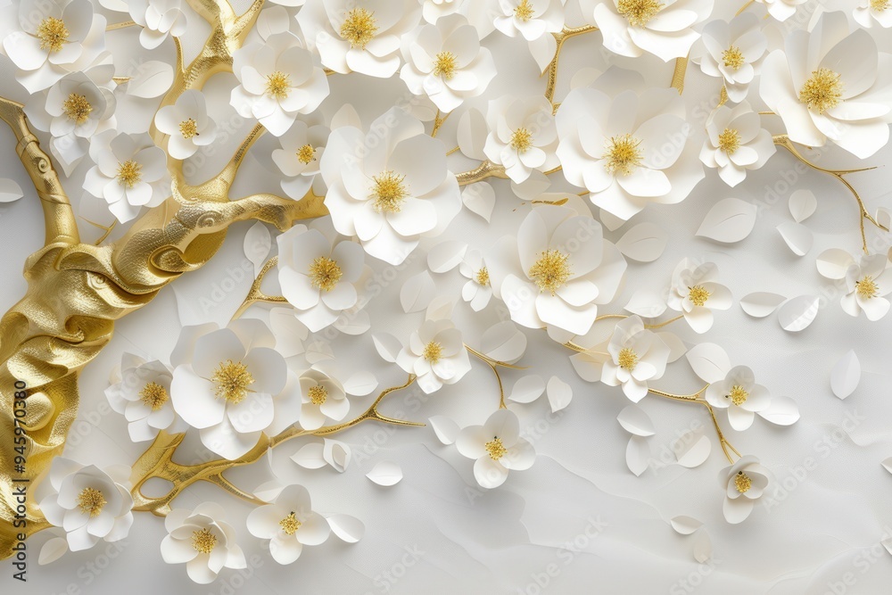 Golden Flower Tree on a Luxury White Background. AI generated illustration Golden Flower Tree on a Luxury White Background. AI generated illustration