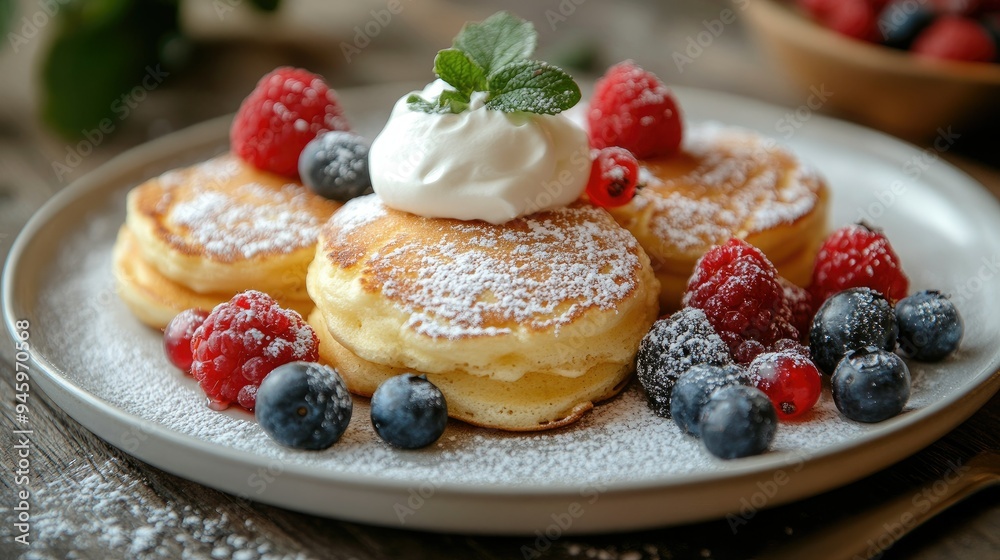 Fluffy souffle pancakes with a dollop of cream and fresh berries on a white plate, set on a wooden table, close-up, perfect for a cozy brunch Fluffy souffle pancakes with a dollop of cream and fresh berries on a white plate, set on a wooden table, close-up, perfect for a cozy brunch