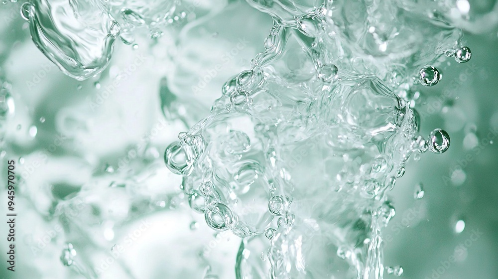 A macro shot of iridescent water droplets set against a lush green-white backdrop, featuring a hazy depiction of the base of the bubbles A macro shot of iridescent water droplets set against a lush green-white backdrop, featuring a hazy depiction of the base of the bubbles