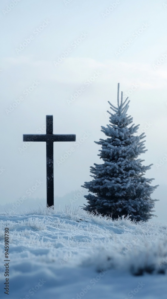 A serene winter landscape featuring a simple empty cross on a snowy hill next to a decorated Christmas tree, symbolizing sacrificial love during the winter season. A serene winter landscape featuring a simple empty cross on a snowy hill next to a decorated Christmas tree, symbolizing sacrificial love during the winter season.