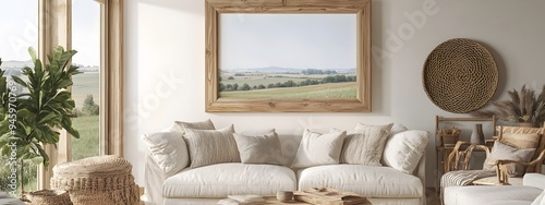 A 3D rendered image showcasing a vintage inspired wooden frame mockup that accentuates the bright and airy atmosphere of a farmhouse style living area  The scene features an overstuffed linen sofa photo