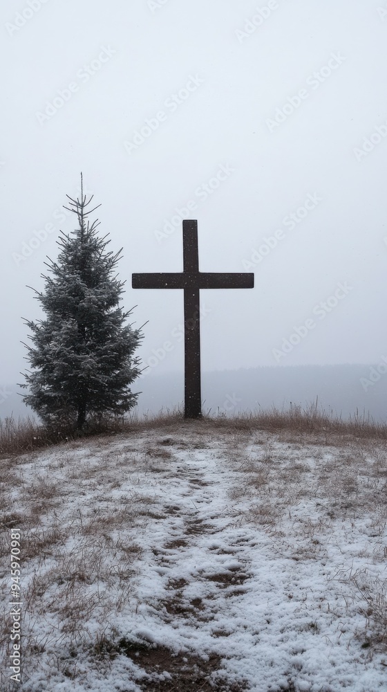 A serene winter landscape featuring a simple empty cross on a snowy hill next to a decorated Christmas tree, symbolizing sacrificial love during the winter season. A serene winter landscape featuring a simple empty cross on a snowy hill next to a decorated Christmas tree, symbolizing sacrificial love during the winter season.