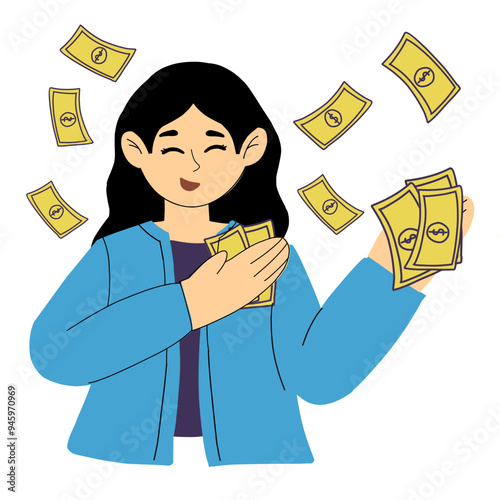 illustration of a female character with a lot of money, a successful bussineswoman who achieved financial luck