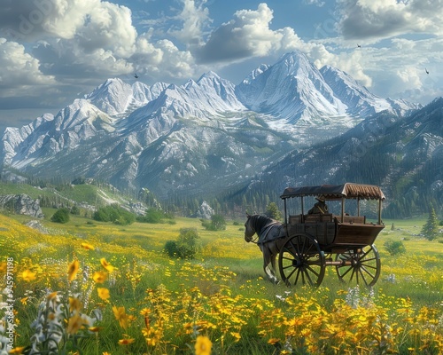 Horse-Drawn Carriage Journey Through Majestic Mountain Scenery, A Scenic Landscape Adventure, Travel Photography