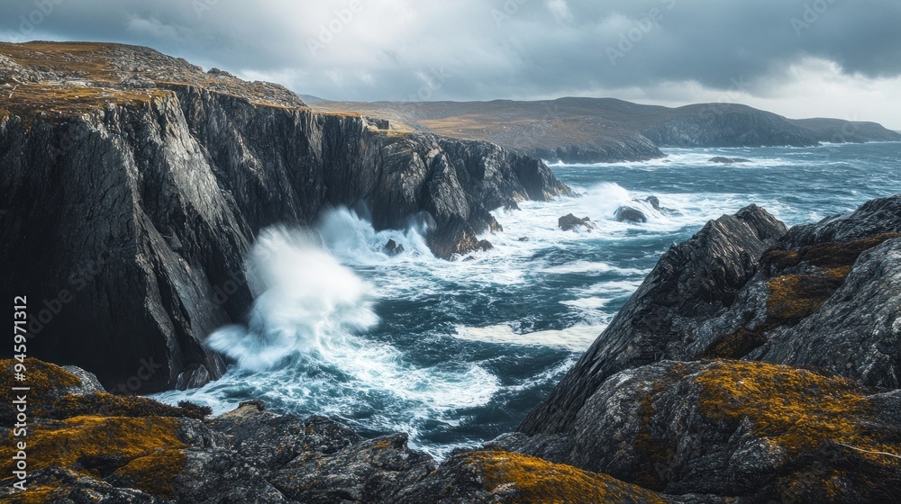Dramatic Cliffs and Crashing Waves on a Rugged Coastline Dramatic Cliffs and Crashing Waves on a Rugged Coastline
