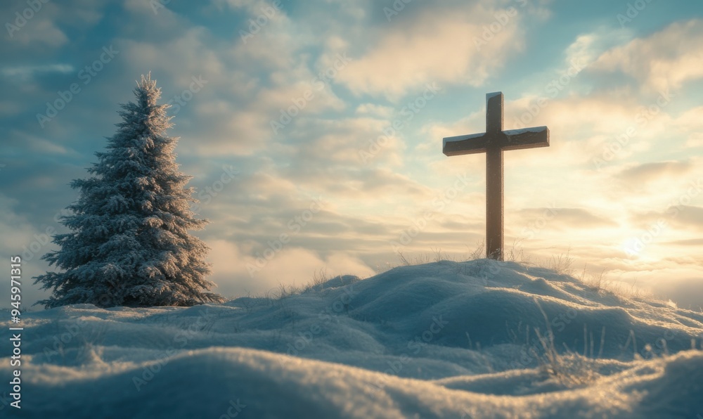 A serene winter landscape featuring a simple empty cross on a snowy hill next to a decorated Christmas tree, symbolizing sacrificial love during the winter season. A serene winter landscape featuring a simple empty cross on a snowy hill next to a decorated Christmas tree, symbolizing sacrificial love during the winter season.