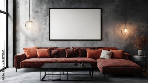 A 3D rendered mockup frame in a cozy farmhouse inspired living room with a moody atmospheric ambiance  The simple black metal frame complements the plush velvet sectional accent pillows photo