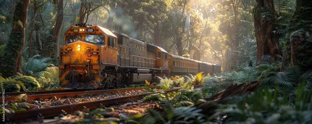 Scenic Train Journey Through Lush Woods A Locomotive Offers Stunning Views as it Travels Through a Serene Forest Landscape Scenic Train Journey Through Lush Woods A Locomotive Offers Stunning Views as it Travels Through a Serene Forest Landscape