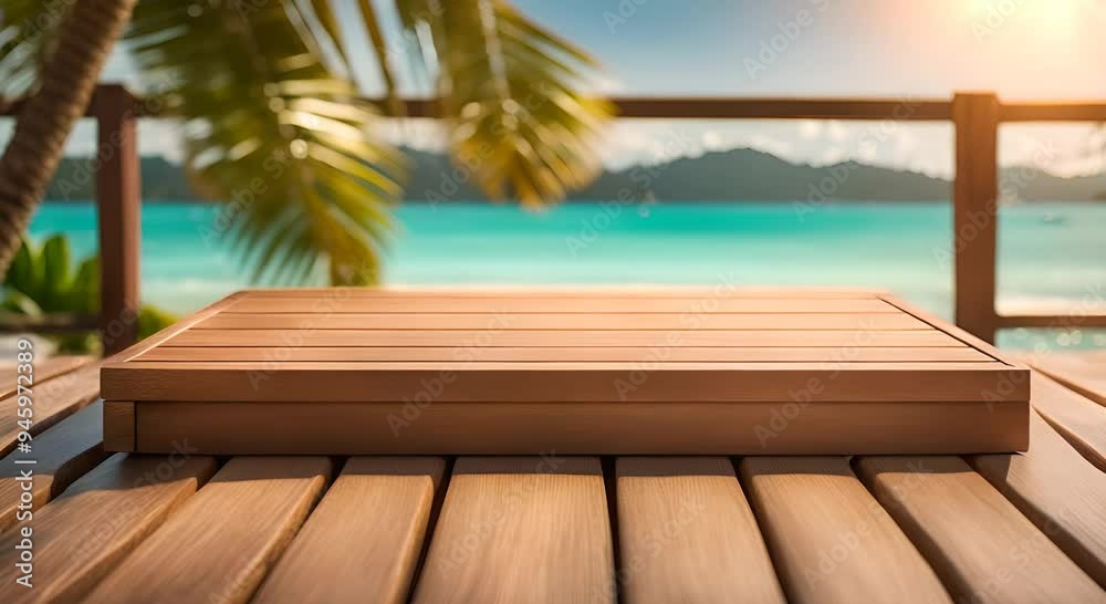Empty wooden podium surrounded by tropical leaves with beach bokeh, creating a perfect backdrop for product displays Empty wooden podium surrounded by tropical leaves with beach bokeh, creating a perfect backdrop for product displays