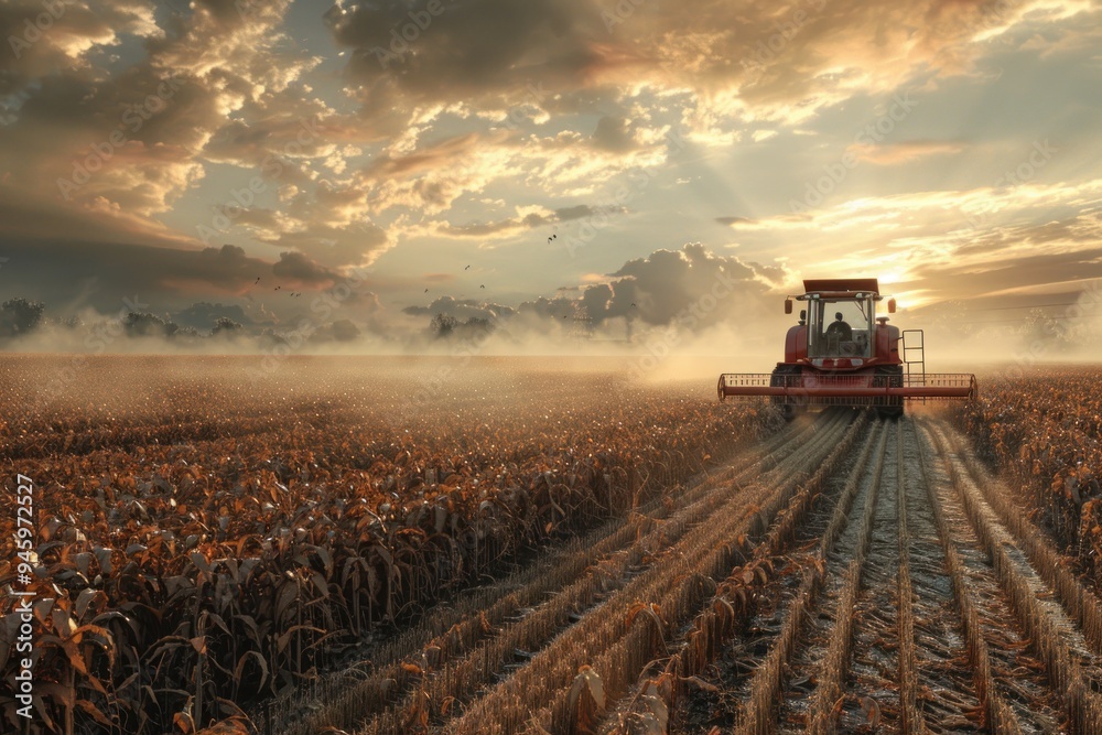 Fototapeta premium Tractor Harvesting Corn Field at Sunset, Scenic Travel Path, Autumn Harvest Season, Golden Hour, Rural Landscape, Agricultural Machinery, Farming, Countryside, Fall Colors, Nature Photography
