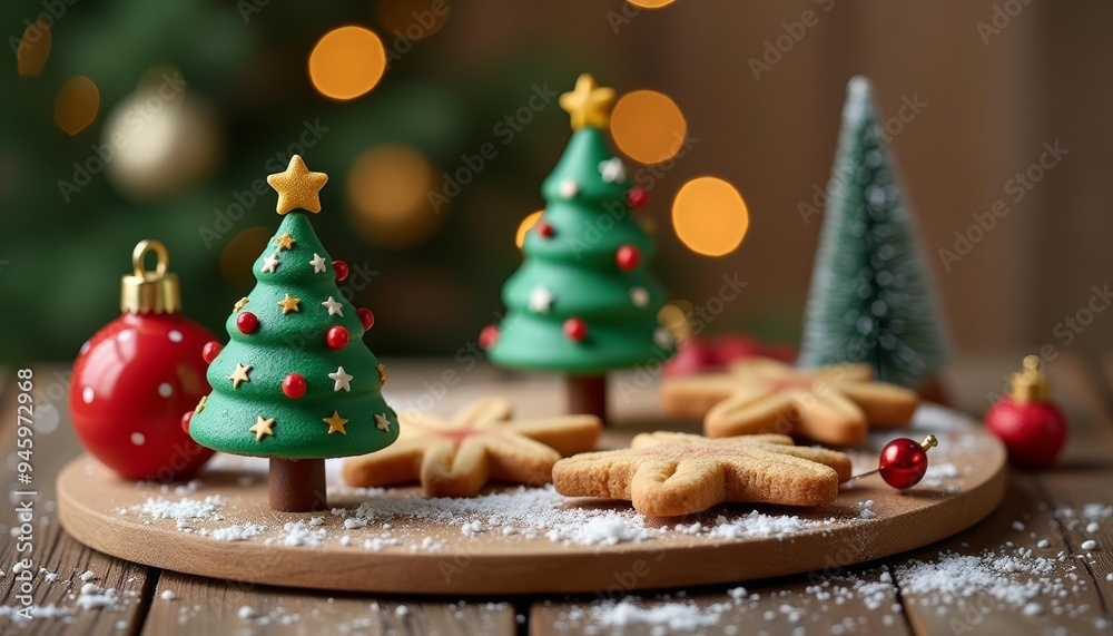Sweet Christmas Mini trees and star cookies on a festive platter Sweet Christmas Mini trees and star cookies on a festive platter
