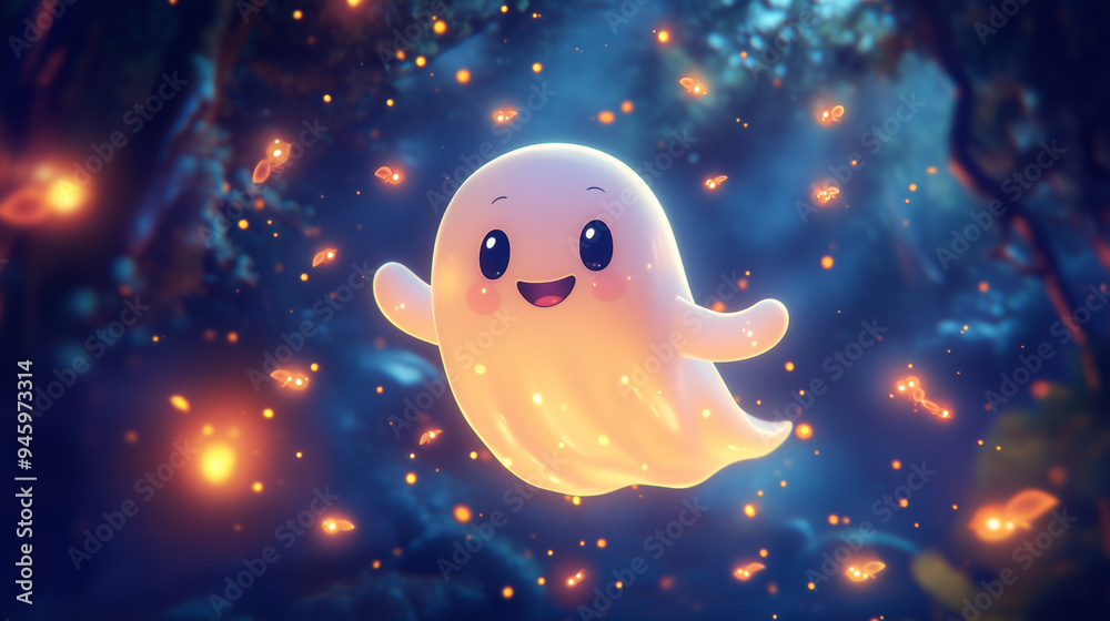 Cute smiling ghost floating in a magical forest surrounded by glowing fireflies. Halloween or fantasy theme. Cute smiling ghost floating in a magical forest surrounded by glowing fireflies. Halloween or fantasy theme.