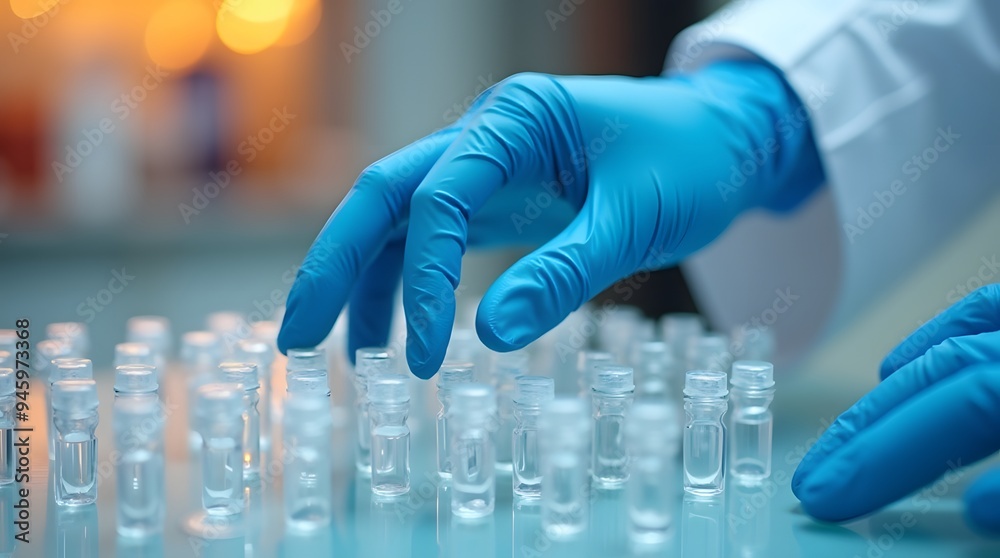 Scientist's Gloved Hand Reaching for Vial in Laboratory Setting Scientist's Gloved Hand Reaching for Vial in Laboratory Setting