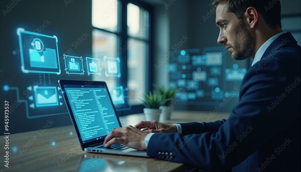 a man sits at a desk with a laptop and the word data on it a man sits at a desk with a laptop and the word data on it