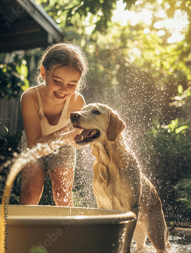dog bathing session in a backyard, with a young girl gently rinsing her Labrador with a hose