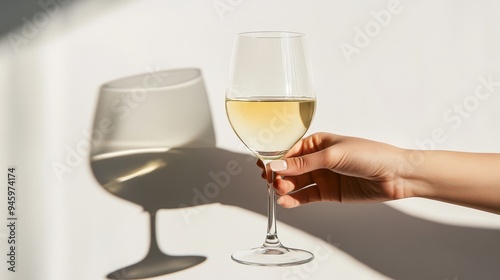 With white wine in the glass, a hand holds a wine glass on a white background