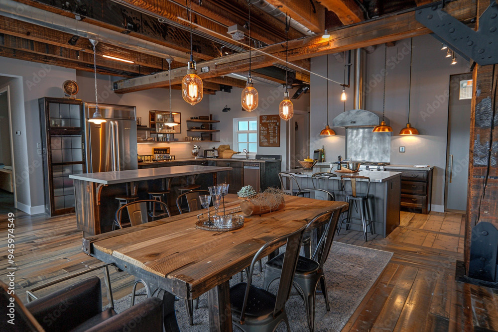 Industrial rustic kitchen with wooden beams, metal fixtures, and a casual dining area featuring a reclaimed wood table and sturdy iron chairs. Industrial rustic kitchen with wooden beams, metal fixtures, and a casual dining area featuring a reclaimed wood table and sturdy iron chairs.