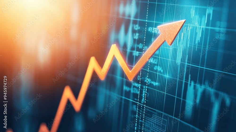 A detailed financial line graph showing market trends, with various data points and a rising arrow symbolizing growth A detailed financial line graph showing market trends, with various data points and a rising arrow symbolizing growth