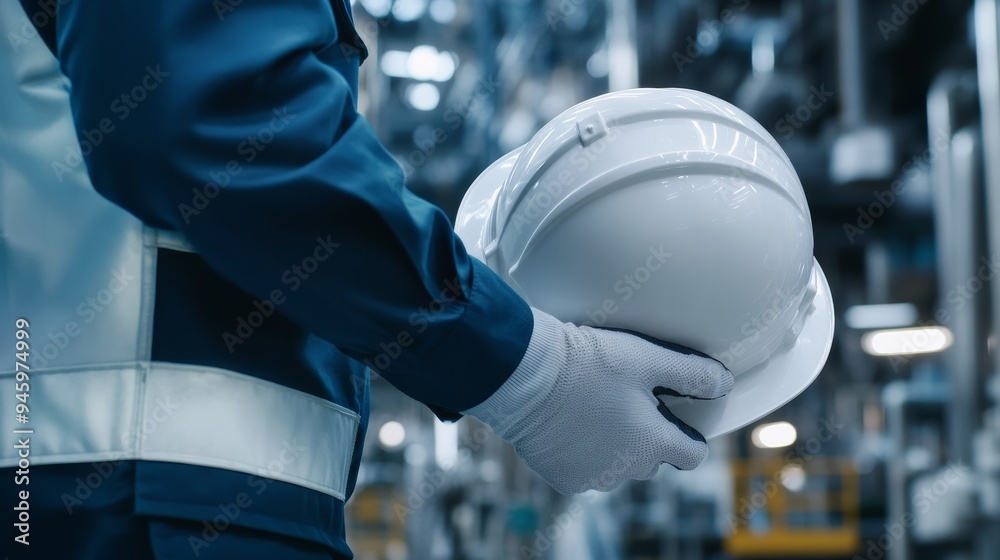 Engineer holding a white helmet in their hands, wearing high-visibility equipment and gloves, with blurred gas plant pipes in the background. Engineer holding a white helmet in their hands, wearing high-visibility equipment and gloves, with blurred gas plant pipes in the background.