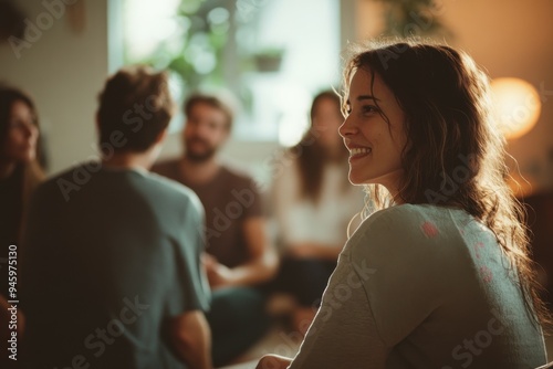 Group therapy session in a warm, inviting room with diverse participants sharing emotional support and connections during a reflective afternoon meeting.