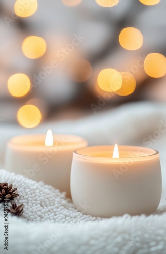 Candles glowing warmly on a cozy blanket with blurred bokeh lights in the background