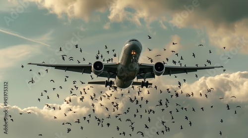 Airplane Taking Off Amidst Flock Of Birds Against Cloudy Sky
