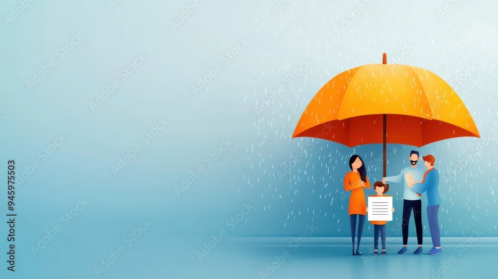 A family standing under a large, protective umbrella with a life insurance policy printed on it, life uncertainties, showing how life insurance provides protection against the unexpected A family standing under a large, protective umbrella with a life insurance policy printed on it, life uncertainties, showing how life insurance provides protection against the unexpected