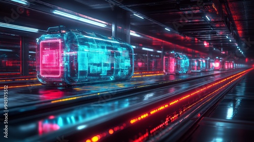 A futuristic baggage claim conveyor belt, glowing with neon lights, transparent luggage showing holographic contents, sleek airport design, low-angle, cyberpunk style