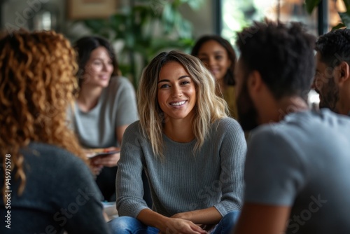 Group therapy session in a warm, inviting room with diverse participants sharing emotional support and connections during a reflective afternoon meeting.