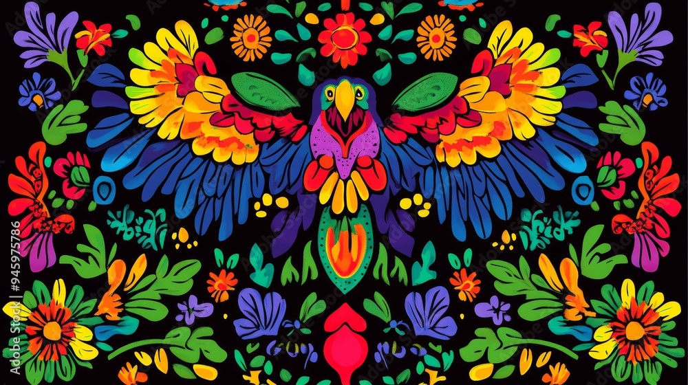 Obraz premium A digital illustration of Aztec patterns with vibrant colors and intricate designs against a black background with clean lines, using a colored ink stock