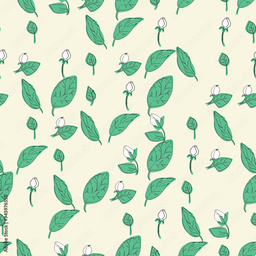 Seamless vector pattern with jasmine leaves and flowers. Floral background illustration. Seamless vector pattern with jasmine leaves and flowers. Floral background illustration.