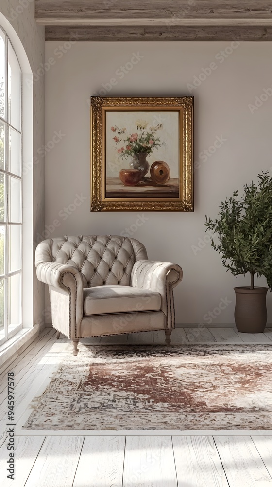 Fototapeta premium A 3D rendered scene of an inviting farmhouse inspired living room featuring whitewashed wooden floors a plush area rug a tufted leather armchair