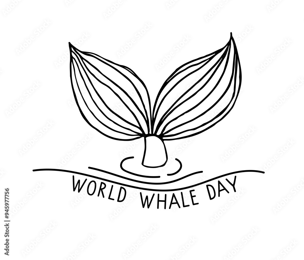 World Whale Day Card. Whale Tail in Waves and World Whale Day hand drawn lettering. Abstract sketch whale tail Vector isolated Background for logo, banner. World whales day sign symbol. World Whale Day Card. Whale Tail in Waves and World Whale Day hand drawn lettering. Abstract sketch whale tail Vector isolated Background for logo, banner. World whales day sign symbol.