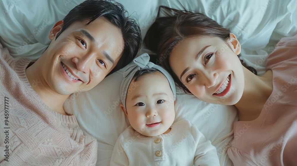 Happy Asian family lying on bed in bedroom with happy and smile, top view Happy Asian family lying on bed in bedroom with happy and smile, top view