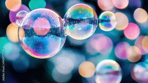   A cluster of transparent orbs suspended above an azure-and-pink gradient backdrop, with multichromatic illumination surrounding them photo