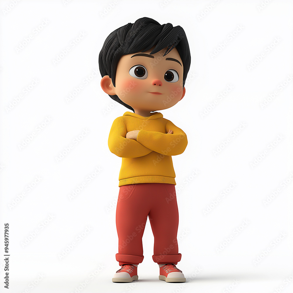 A cartoon child standing with arms crossed, looking thoughtful A cartoon child standing with arms crossed, looking thoughtful
