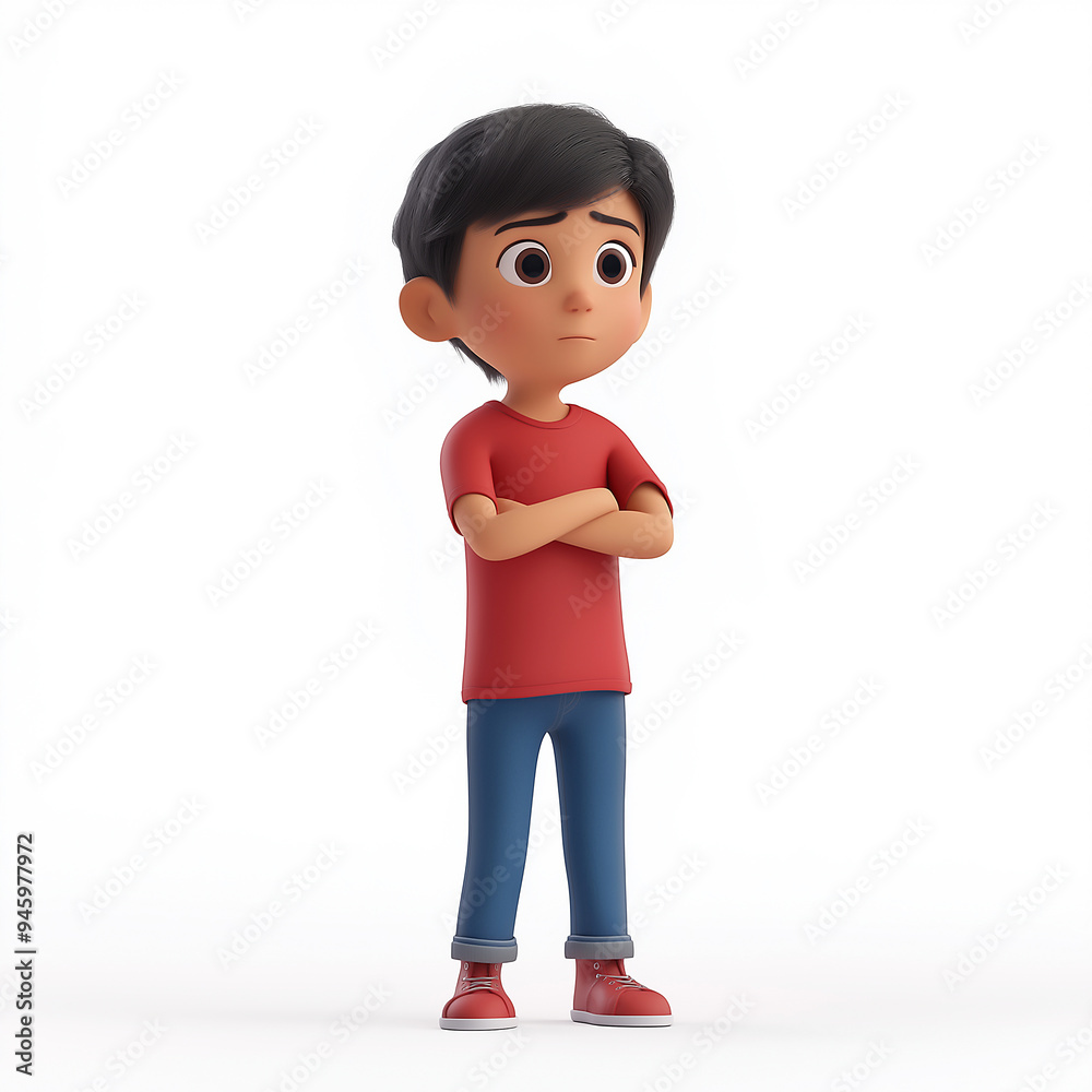 A cartoon child standing with arms crossed, looking thoughtful A cartoon child standing with arms crossed, looking thoughtful