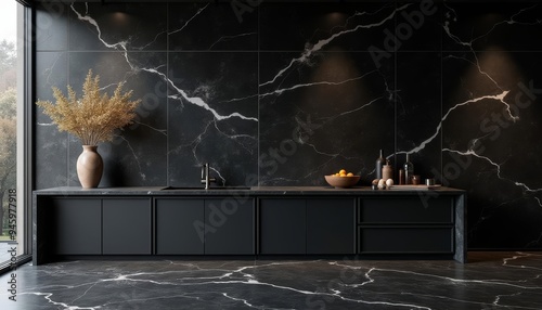 Modern elegance  A sleek kitchen counter with a striking marble backsplash photo