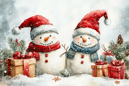 Cute hand drawing snowmen in knitting hats hand drawn watercolor christmas character set on white background. New Year concept