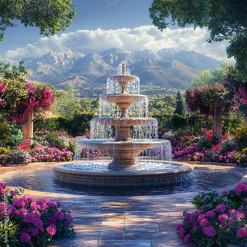 Scenic stone water fountain surrounded by vibrant flowers with mountains rising in the background Photo photo