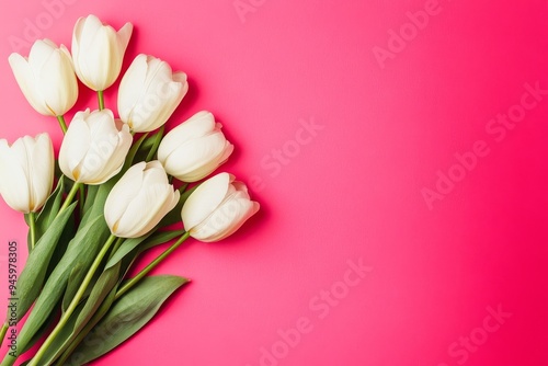 Composition of flower bouquet of pink tulips with pastel pink background. Valentine's Day, Easter, Birthday, Happy Women's Day, Mother's Day. Flat lay, top view, copy space.