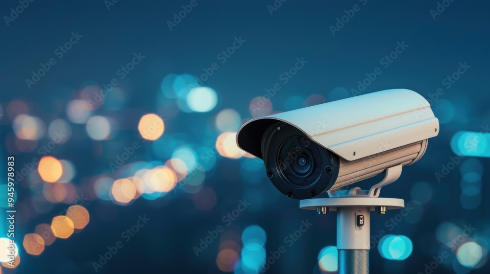 Outdoor surveillance camera overlooking city at night Outdoor surveillance camera overlooking city at night