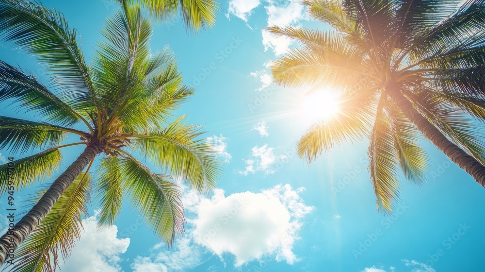 Fluffy green coconut trees against the blue sky. The rays of the bright sun shine through the leaves. Travel and tourism, rest and relaxation concept Fluffy green coconut trees against the blue sky. The rays of the bright sun shine through the leaves. Travel and tourism, rest and relaxation concept