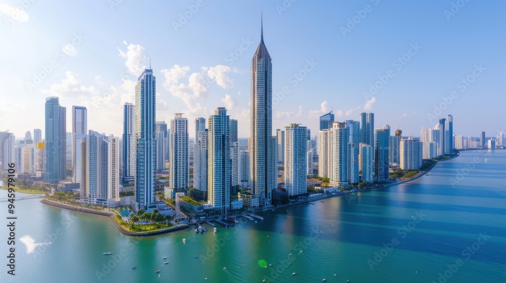 Obraz premium Aerial view of modern coastal city skyline